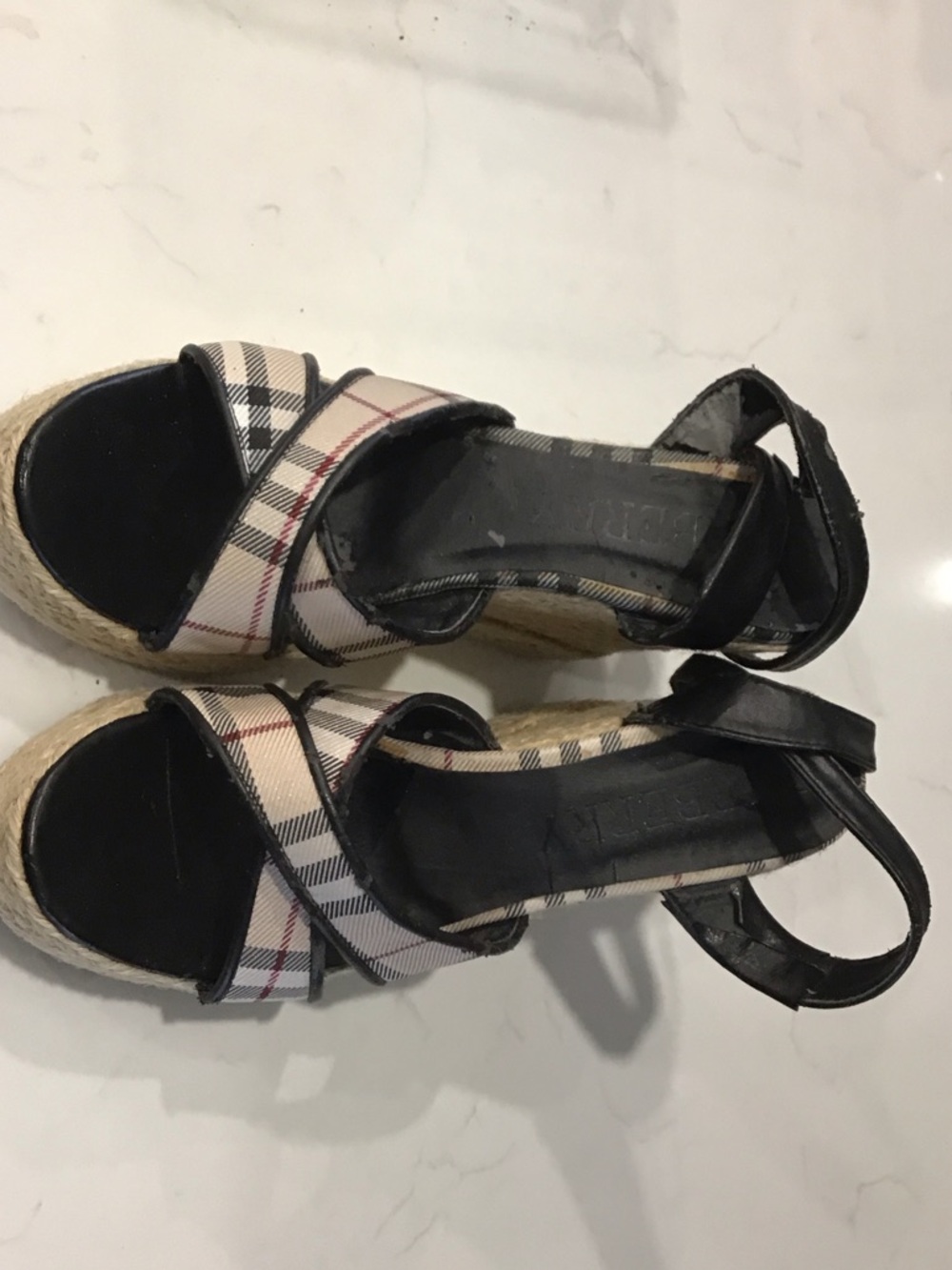 Burberry Black & Beige Plaid Espadrille Wedge Sandals